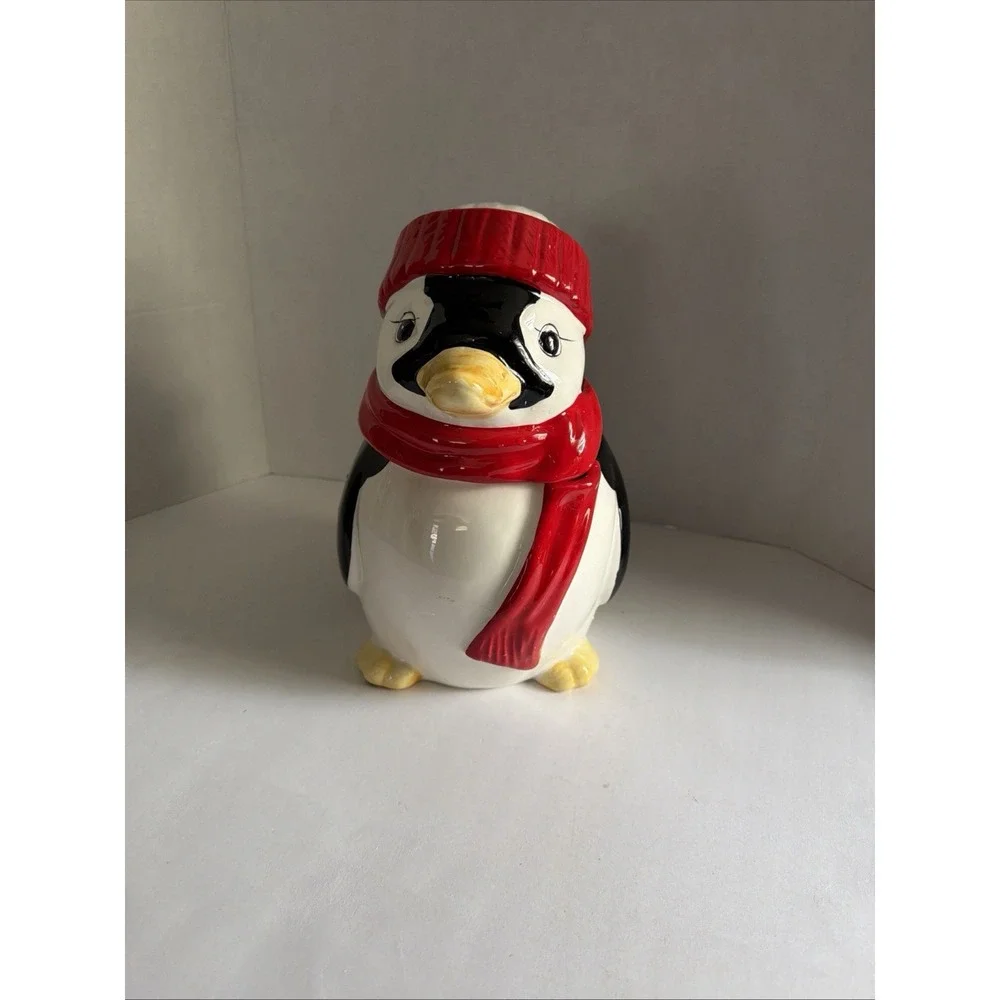 Vintage Ceramic Penguin Cookie Jar Red Hat Scarf Holiday Winter Decor